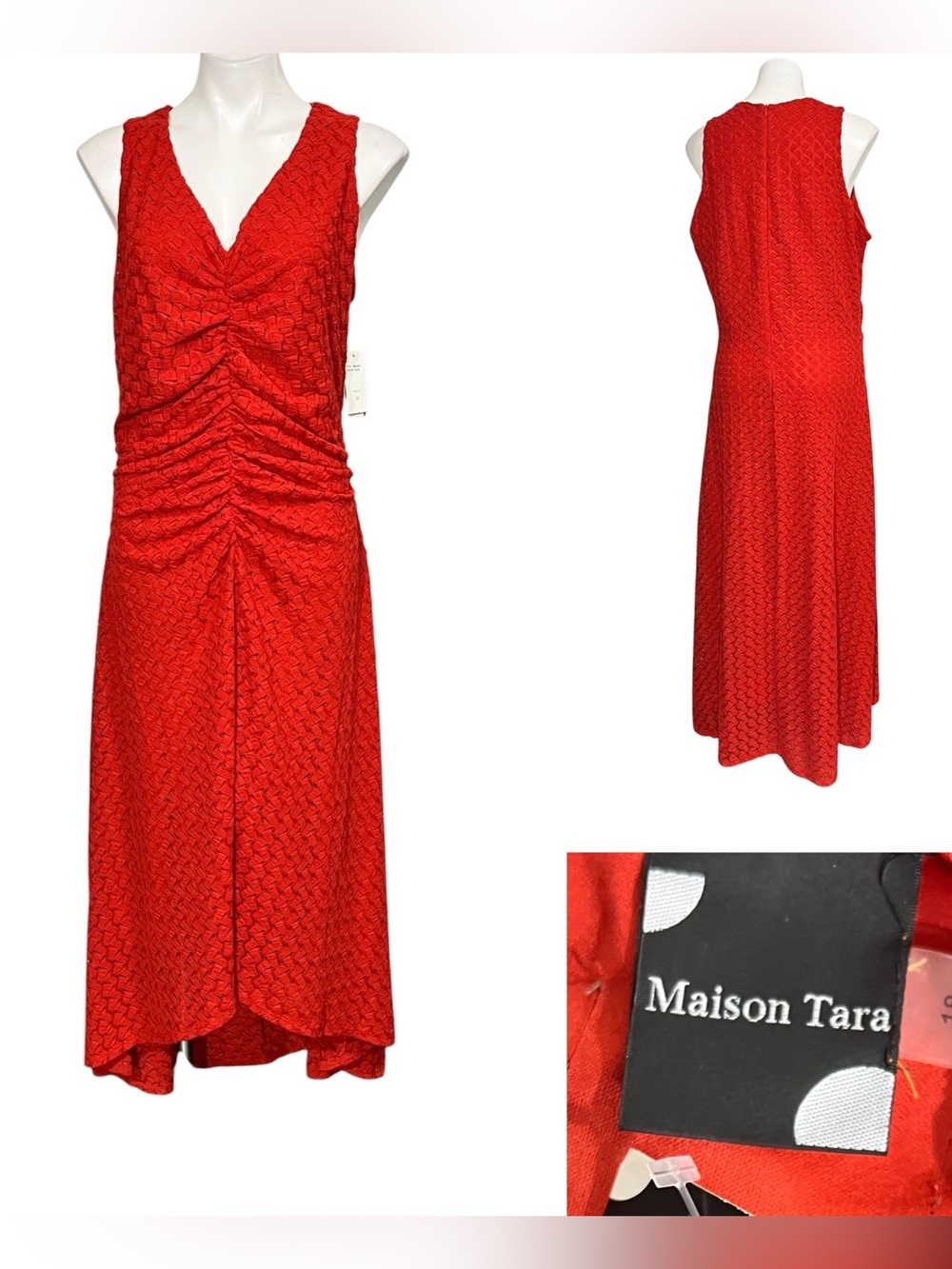 Maison Tara maxi dress 18 rust Red V-Neck Ruched Hi-Lo sleeveless crochet knit